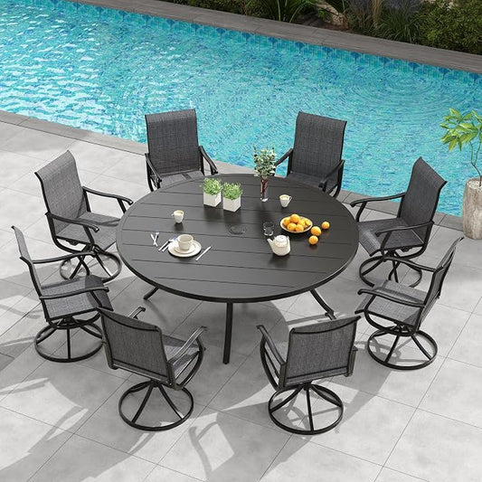 VICLLAX 9 Pieces Outdoor Patio Dining Set, 60" Round Wrought Iron Metal Outdoor Table with Umbrella Hole and 8 Swivel Textilene Chairs for Lawn,Garden,Porch,Black/Dark Grey