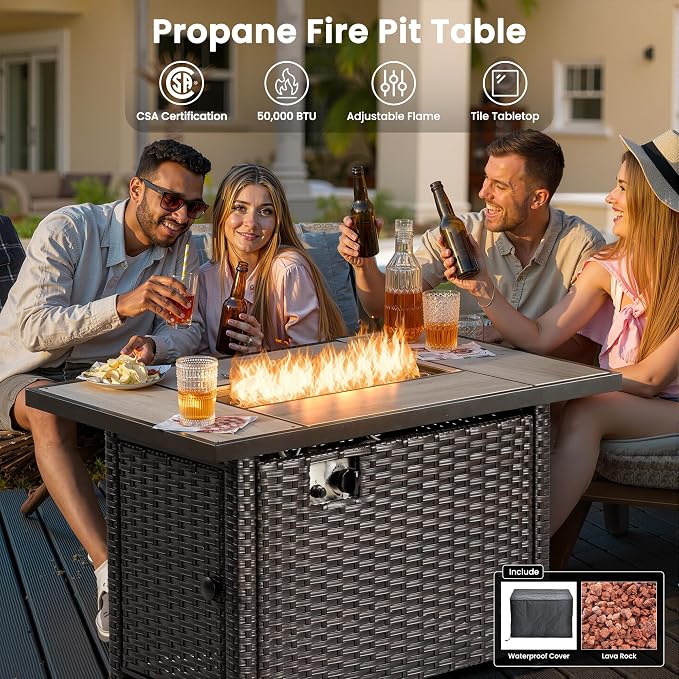ovios 7-Pieces Patio Furniture Set with 42" Fire Pit Table Swivel Chairs, Outdoor Wicker Sofa Couch Gliders Rocker, High Back Modern Conversation Set, Brown Rattan, Beige