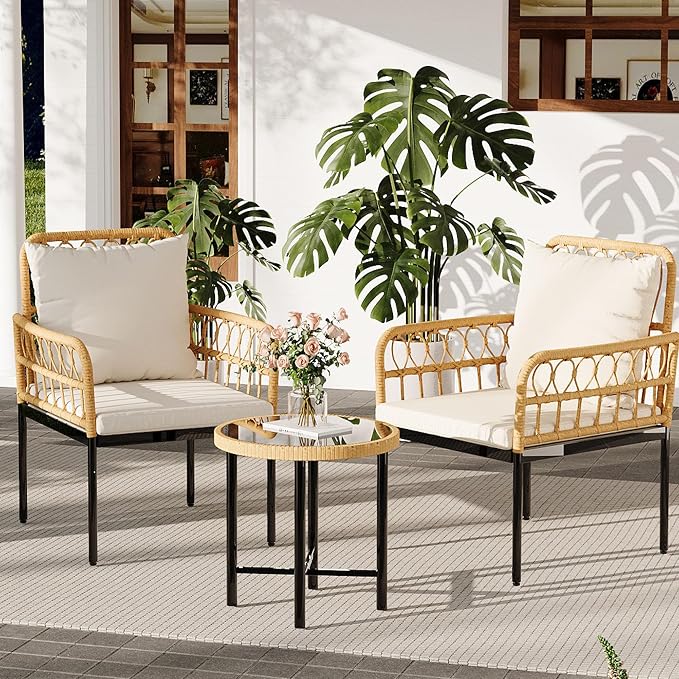 GarveeLife Wicker 3 Pieces Patio Bistro Sets Outdoor Conversation Sets with Glass Top Side Table and 2 Modern Rattan Chairs, Patio Furniture Set for Apartment, Backyard, Porch, Balcony, Lawn (Beige)