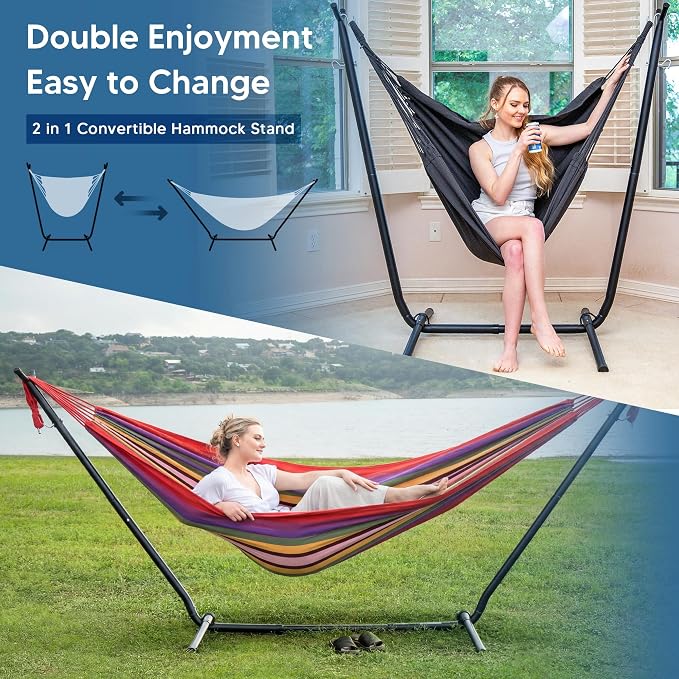 SUNCREAT 2-in-1 Convertible Backyard Fabric Hammock with Stand, Large Hammocks for Outside, Red Stripes