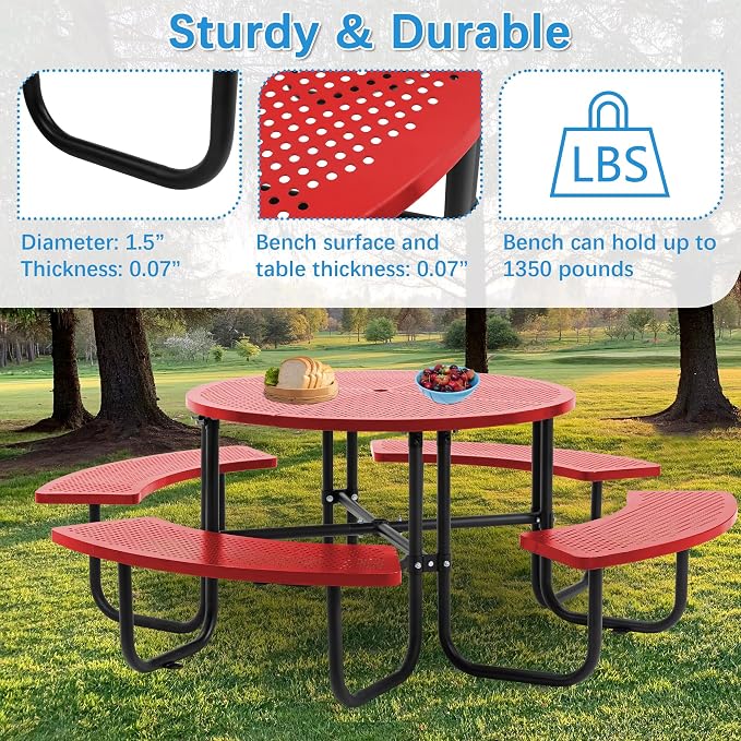 46" Coated Round Metal Picnic Table for 4-8 Person, Durable Heavy Duty Commercial Picnic Table with Umbrella Hole for Outdoor Coffee Shop, School, Easy to Install, Red