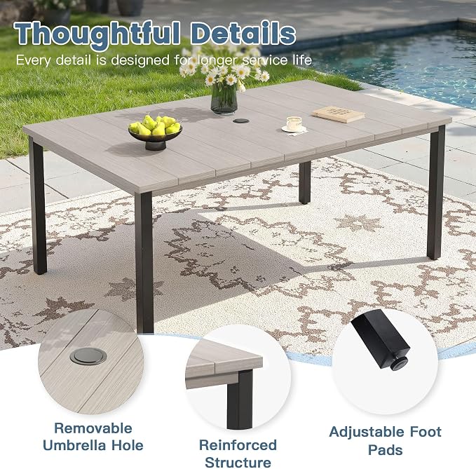 DIFY 7 Pieces Outdoor Dining Set, Metal Patio Table and Chairs Set for 6, 63" Rectangle Dining Table with Umbrella Hole & Wicker Swivel Patio Chairs with Cushions, Grey Wood-Like Tabletop