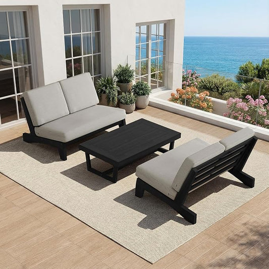 All Weather Patio Furniture Sets, 3 Pieces Black Wood Patio Loveseat Sofa Outdoor Sectional Futniture Backyard Conversation Set with Solid Wooden Coffee Table - Light Camel