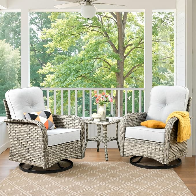 Swivel Patio Chairs Set of 2, Outdoor Wicker Rocker Glider Chair with Coffee Table, Modern Comfy Patio Furniture Sets for Porch Balcony Sunroom, Gray