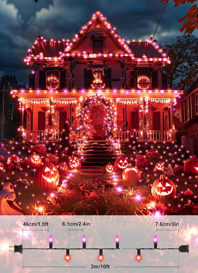 Orange & Purple Halloween Mini Lights,50 Count 10 Feet Mini String Lights | Incandescent Bulb Connectable Halloween Lights for Haunted House Ghost Party Holiday Window Indoor Outdoor Decoration,