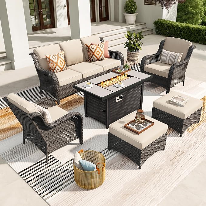ovios 6-Pieces Patio Furniture Set with 42" Fire Pit Table, Outdoor Wicker Sofa Couch Ottomans Comfy Cushions, High Back Modern Conversation Set, Brown Rattan, Beige