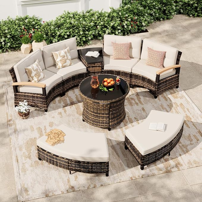 MEISSALIVVE 8-Piece Half-Moon Curved Outdoor Patio Furniture Set, Sectional Conversation Sofa with 2 Half-Moon Ottomans, Round Coffee Table for Backyard Deck Garden, Beige