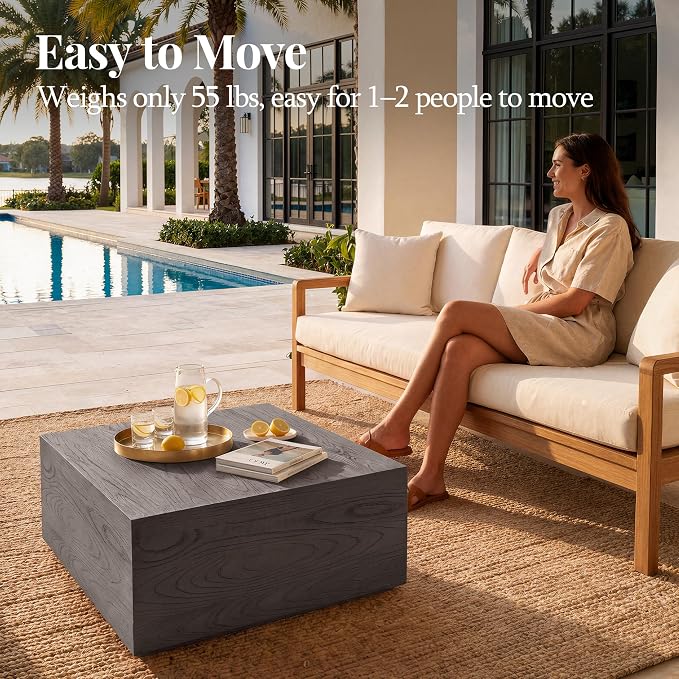 UPHA 28" Square Outdoor Coffee Table, Modern Hollow Concrete Patio Table, Small Minimalist Low Accent Table for Living Room, Balcony, Deck, Backyard, Gray Wood Finish