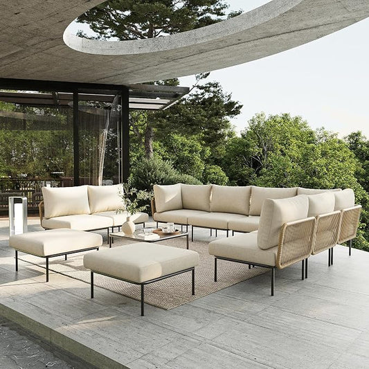 11 Piece Modern Outdoor Rope Wicker Sectional Patio L-Shaped Conversation Sofa Set Deep Seating with Thick Cushions