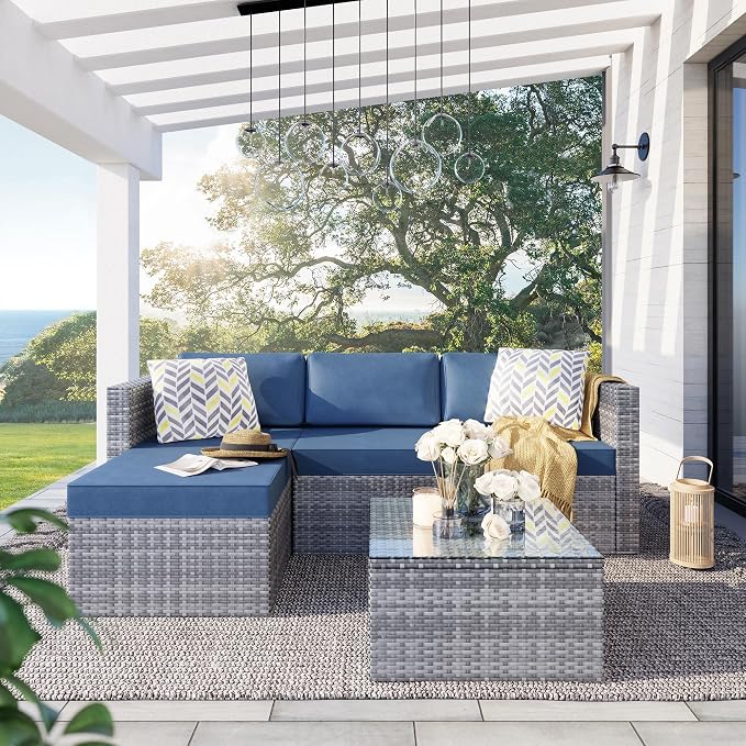 SUNLEI Patio Furniture Set with Detachable Soft Cushions, All Weather Outdoor PE Rattan Patio Conversation Sofa Set, Silver Rattan/Aegean Blue
