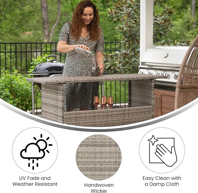 BizChair Indoor/Outdoor Patio Wicker Rattan Bar Counter Table with 2 Shelves, Gray