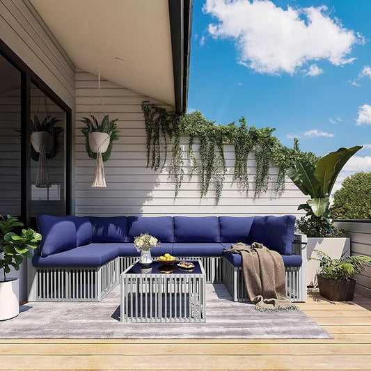 Pamapic 7-Piece Outdoor Sectional Set, Large Wicker Patio Furniture Set with Coffee Table and Washable Cushions Covers, All-Weather Patio Sofa Conversation Set for Backyard, Poolside, Garden