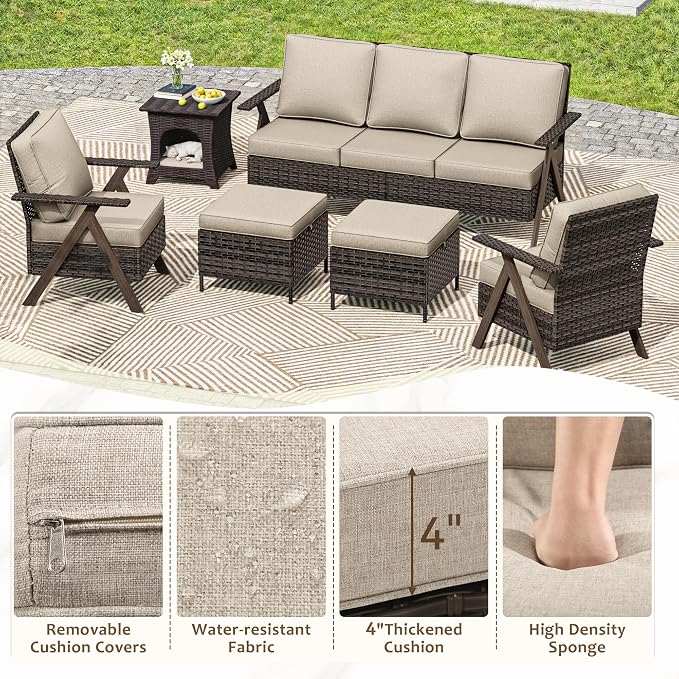 6 Piece Patio Furniture Set, Wicker Patio Conversation Set with Patio Chair and Outdoor 3-Seater Sofa and 2 Ottomans and Side Table for Deck Yard and Poolside