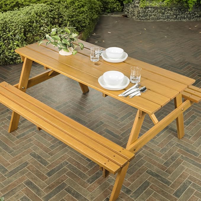 JONATHAN Y Shoreham 55" Eucalyptus Wood Outdoor Picnic Table with Benches for Patio, Rectangular Dining Set with 2" Umbrella Hole, Heavy Duty 700 lbs Capacity, Teak Brown BNH200A-NEW