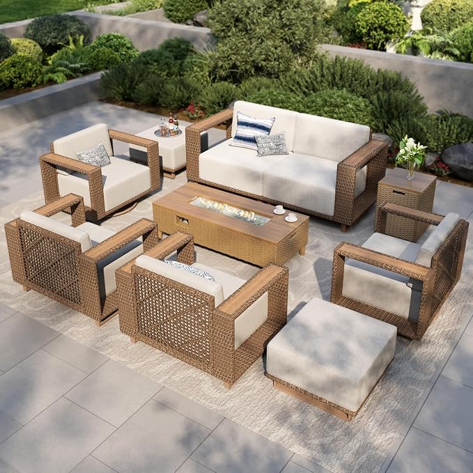 MIXPATIO Patio Furniture Set with Swivel Chairs & Outdoor Fire Pit Table, 9 Pieces Yellow Rattan Wicker Conversation Sets, Deep Seating Sofa with 10" Thick Cushions, Low Profile Deck Lawn Furniture