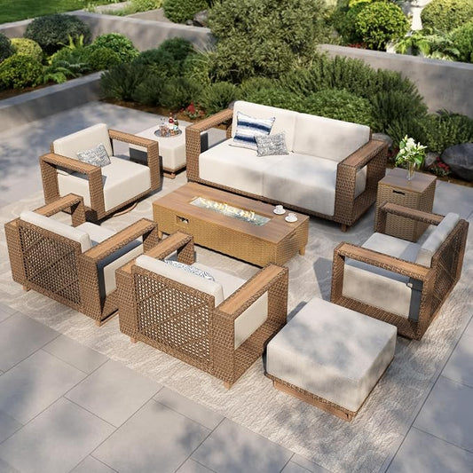 MIXPATIO Patio Furniture Set with Swivel Chairs & Outdoor Fire Pit Table, 9 Pieces Yellow Rattan Wicker Conversation Sets, Deep Seating Sofa with 10" Thick Cushions, Low Profile Deck Lawn Furniture