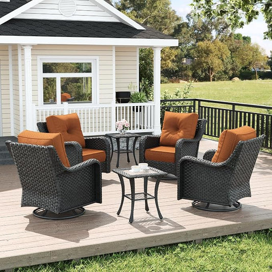 LayinSun 6 Piece Wicker Outdoor Furniture Set with 6-inch Comfy Cushions, High Back Patio Furniture Set with Swivel Rocking Chairs and Side Table