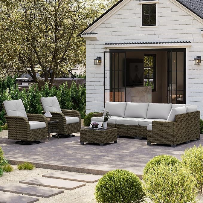 LazySunsets Luxury Patio Furniture Set，All-Weather Patio Sectional Sofas with Thickened Cushions, 9 Piece Outdoor Furniture Sectional Set with Swivel Rocker Chairs of 2，Grey