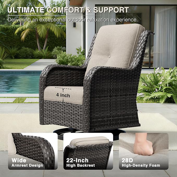 Joyside 3 Piece Wicker Patio Furniture Set, Outdoor Swivel Rocker Patio Chairs with High Back, Deep Seating, Wide Armrest, Thickened Cushions, Outdoor Furniture for Deck, Porch Use