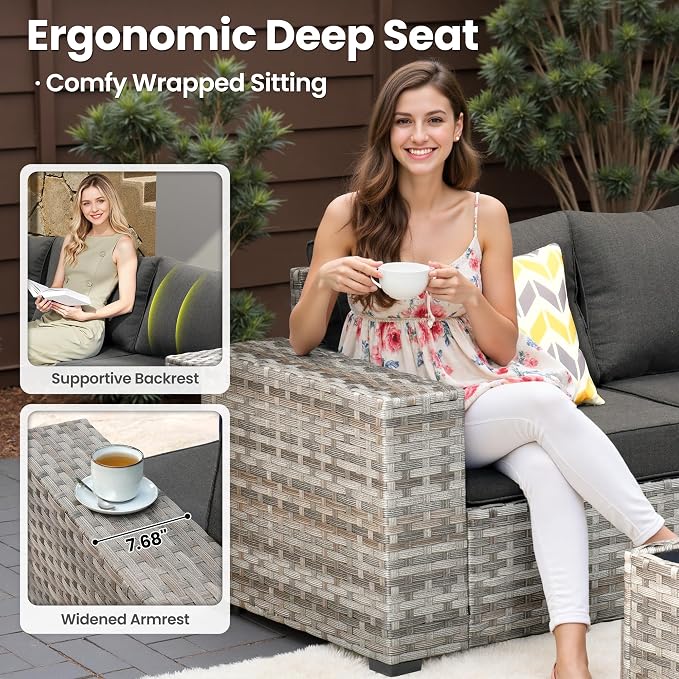 ovios 6 Pieces Patio Furniture Set, Outdoor Wicker Sectional Sofa with Coffee Table Comfy Cushions, Modern Modular Deep Seat Couch Rattan Conversation Set, Black