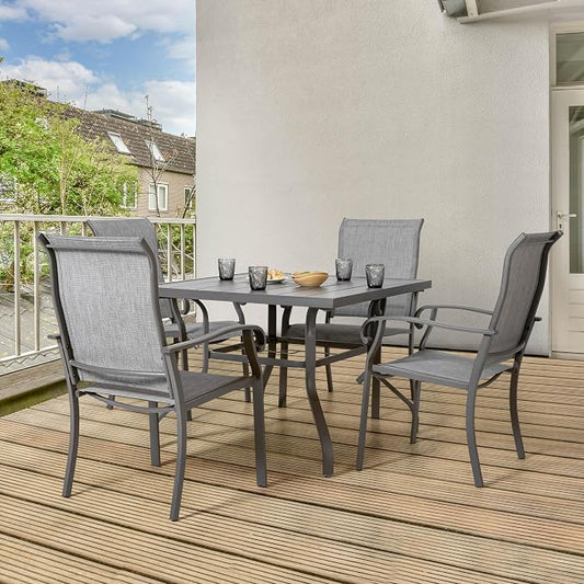 NUU GARDEN Outdoor Patio Dining Set 5 Piece Furniture Set Including Square Outdoor Dining Table with 1.57" Umbrella Hole and 4 Gray Textilene Chairs for Garden, Patio and Poolside Backyards