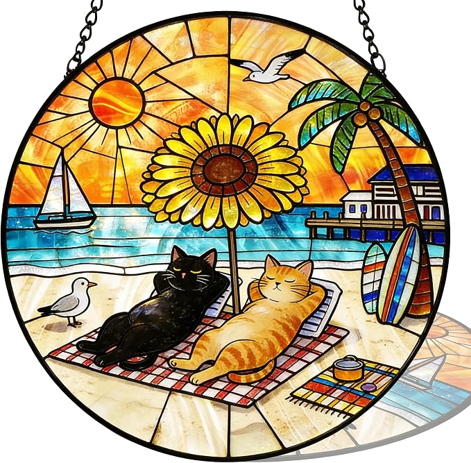 Cat Stained Glass Suncatcher Window, Cat Sun Catchers Indoor Window, Suncatcher for Mom/Women (Black & Orange)