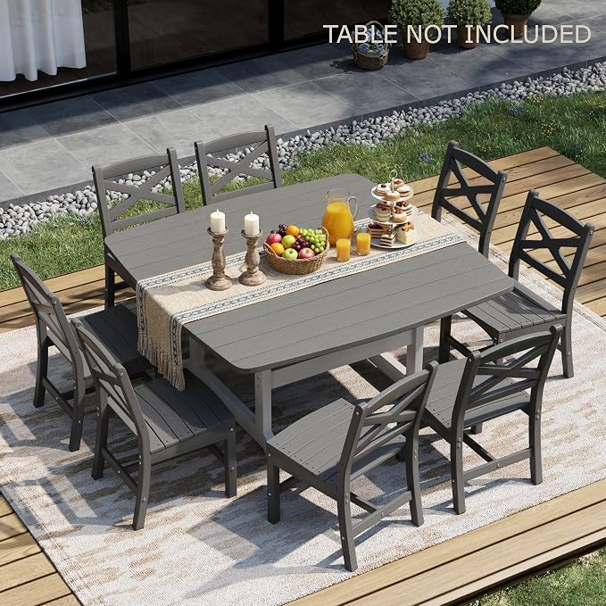 Outdoor Armless Dining Chairs Set of 8,HDPE Patio Chairs with Wide Seat,All-Weather HDPE Patio Armless Chairs for Porch, Backyard, Deck, White and Grey, Table not Included