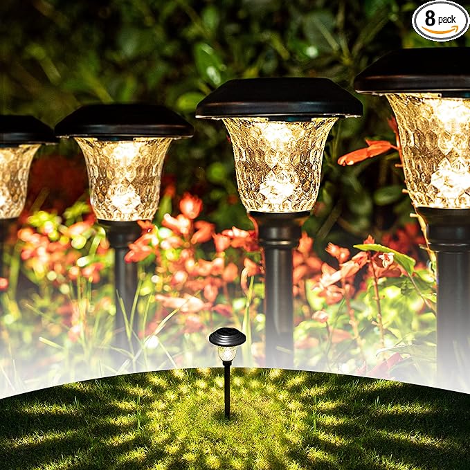 GIGALUMI Metal & Glass Solar Lights Outdoor, 8 Pack LED Garden Lights | Solar Pathway Lights Waterproof IP65, Warm White Landscape Path Lights, Garden Decor for Yard, Patio, Walkway (Black)