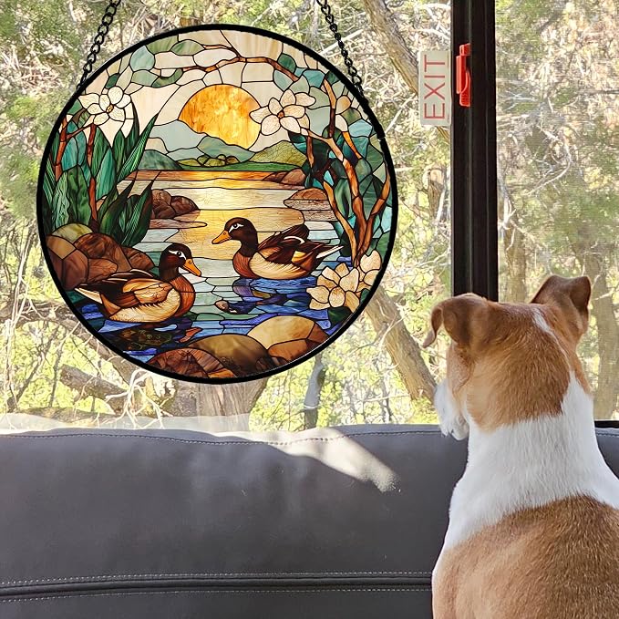 Stained Glass Window Hanging, Ducks in the Pond Sun Catcher for Door Home Decor Landscape Plant Suncatcher Christmas Mother's Day Birthday Gifts for Women Men Mom Nana 11.8 in
