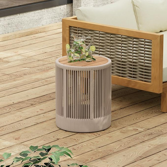 LUMISOL Rattan Rope & Acacia Wood Side Table for Outdoor, Patio Furniture with Wood Top, 15" Coffee Table for Garden, Yard, Balcony, Teak+ Beige