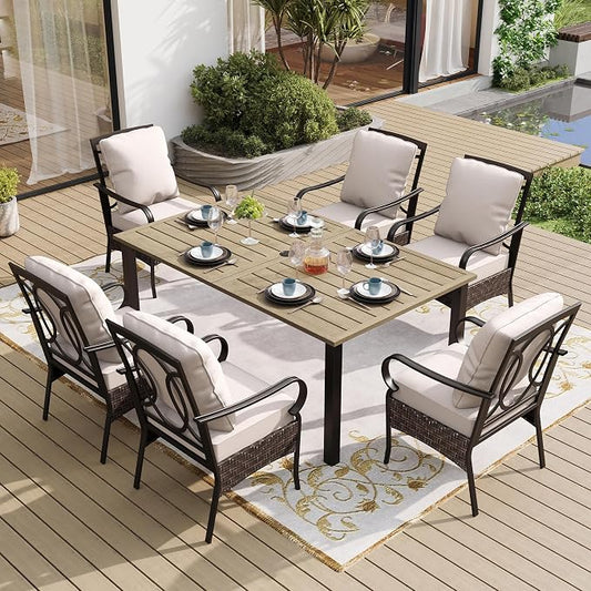 SUNSHINE VALLEY 7 Piece Patio Dining Sets for 6, Outdoor Table and Chairs with Cushioned Wicker Patio Dining Chairs & Wood-Like Dining Table (1.61-2”Umbrella Hole), Outdoor Dining Sets for Backyard