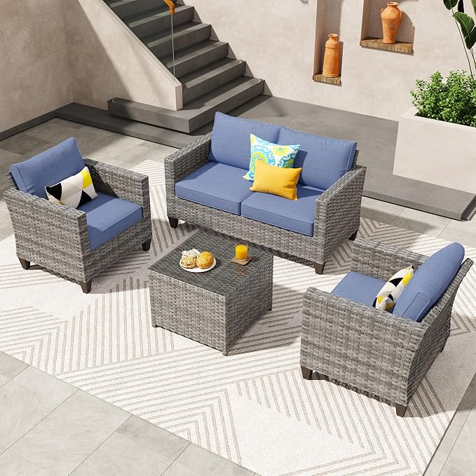 ovios 4 Pieces Patio Furniture Set, Outdoor Wicker Rattan Sofa Couch with Loveseat, Chairs, Glass Coffee Table, Conversation Sets for Yard Porch Garden, Denim Blue