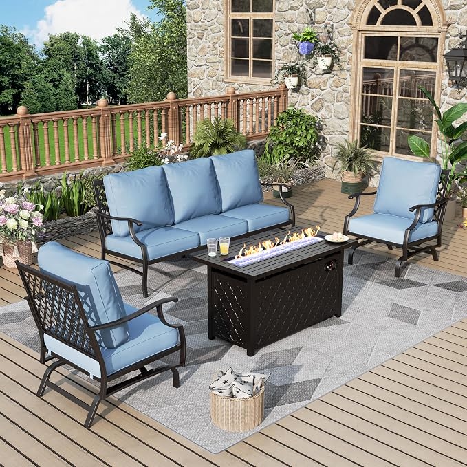 MIXPATIO Patio Furniture Set with Firepit Table, 4 Pcs Metal Outdoor Conversation Set, 2 Rocking Chairs and 3 Seater Sofa with 5.75" Extra Thick Cushion and Gas Fire Pit Table for Backyard Deck, Blue