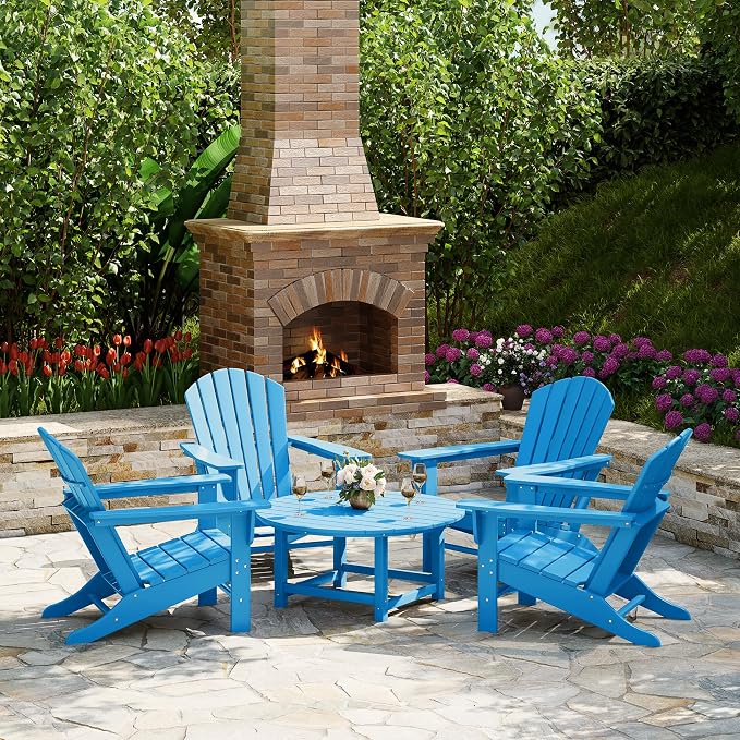 Costaelm Patio Conversation Set, Outdoor Chairs Set of 5 Balcony Firepit Furniture Outdoor Adirondack Round Table and Chair Backyard Furniture Set for Lawn Porch Pool Garden, Pacific Blue