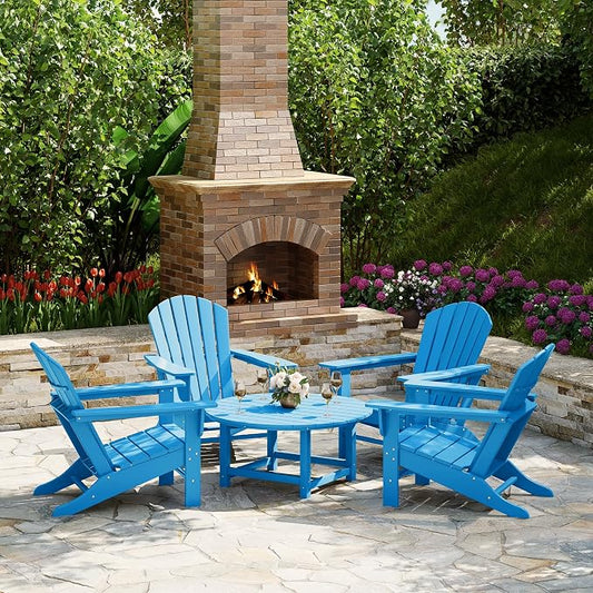 Costaelm Patio Conversation Set, Outdoor Chairs Set of 5 Balcony Firepit Furniture Outdoor Adirondack Round Table and Chair Backyard Furniture Set for Lawn Porch Pool Garden, Pacific Blue