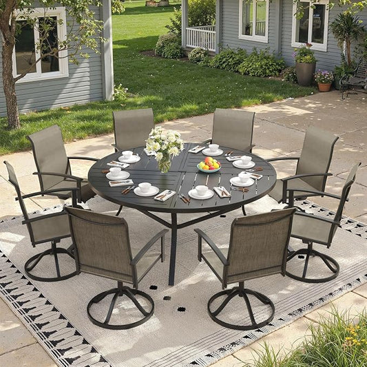 9 Pieces Round Outdoor Table and Chairs Set, Patio Dining Set with 60" Round Spliced Outdoor Table and Patio Swivel Chairs for Backyard Lawn Garden, Black Table and Mixed Brown Chairs