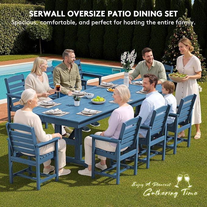 SERWALL 10 Piece Outdoor Dining Set with 15ft Triple-Head Foldable Umbrella(Based not Included), 84" HDPE Outdoor Table and Chairs for 8, Blue