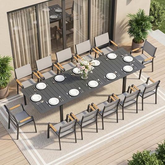 RoyalCraft Aluminum Outdoor Patio Table and Chairs Set with 121" L -81" L Expandable Dining Table, 13-Pieces Patio Furniture Set for 12, Outdoor Dining Set with Stackable Quick Drying Chairs, Grey