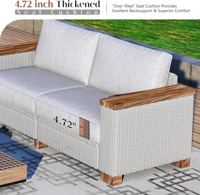 LUXOAK 7-Piece Outdoor Patio Sofa Set, PE Wicker Furniture with 5.9" Solid Wood Armrest, Deep Seating Sectional Conversation Set with Cushions for Backyard, Deck, Porch, Poolside, Garden