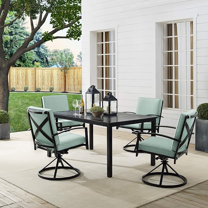 Crosley Furniture Kaplan 5-Piece Outdoor Dining Set for 4, Patio Table and Chairs for Backyard, Deck, Oiled Bronze with Mist Cushions