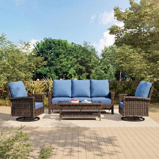 MIXPATIO Patio Furniture Set with High Back Swivel Chairs, 4-Piece Outdoor Conversation Sets with 5.5-inch Thick Cushion, All-Weather Wicker Patio Sofa Set for Deck Yard Pool, Navy Blue