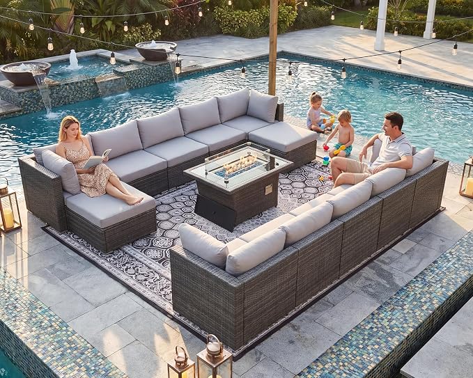 NICESOUL 13 Piece Patio Furniture w/Fireplace, Elegant Outdoor Seating w/Firepit, XL Size 29.3'' High Back Sectional Sofa, All-Weather Rattan Deck Couch, Modular Sturdy Conversation Set, Light Gray