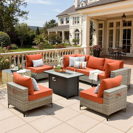 8 Pieces Patio Furniture Set with 42" Fire Pit, All-Weather Rattan Outdoor Sectional Conversation Sets L Shaped Sofas with Solar Light Coffee Table for Porch Balcony Backyard Orange
