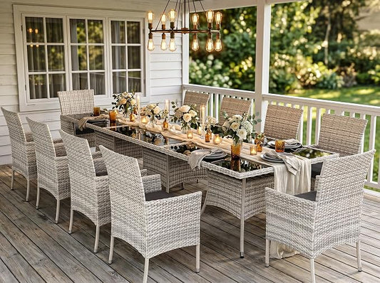 Outdoor Dining Set, 15-Piece Patio Furniture Set with Tempered Glass Table and 12 Cushioned Chairs, Dual-Strand Wicker Rattan, Balcony Furniture for Backyard, Garden, Deck,– Black