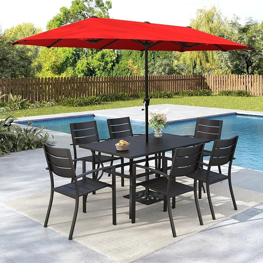 MFSTUDIO Outdoor Dining Set with Umbrella, Metal Patio Dining Set for 6 Persons, Patio Furniture Set with Orange Red Umbrella (Base not Included)