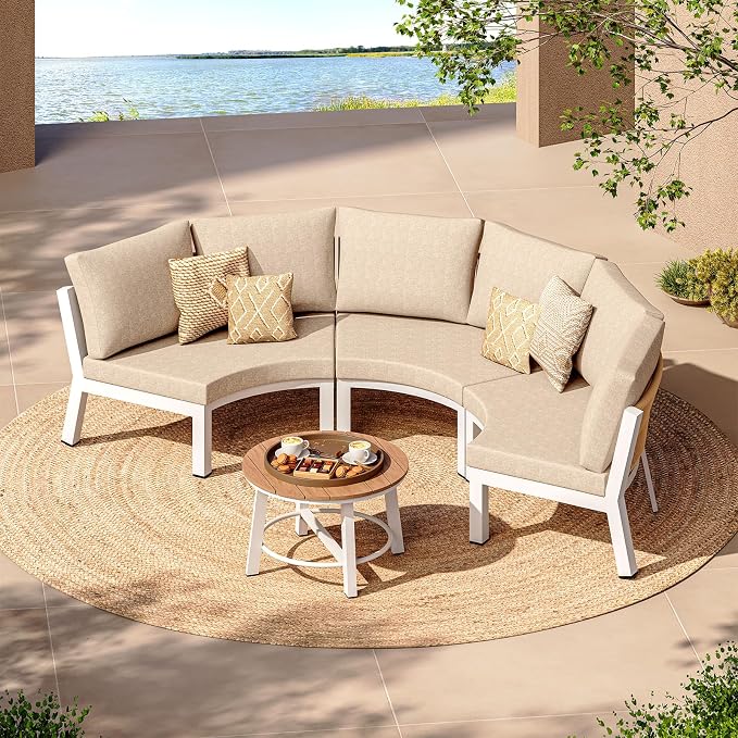 Outdoor Aluminum Round Coffee Table, All-Weather Patio Coffee Tables for Outside with PS Wood-Like Table Top, Modular Coffee Table for Backyard, Balcony, Deck, Yard, White