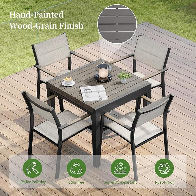 5 Piece Outdoor Dining Set, Expandable Outdoor Patio Dining Table Set for 4-6 Person, Aluminum Outdoor Table and 6 Chairs with Textilene Fabric & Armrest for Patio, Garden, Lawn, Deck(Grey)