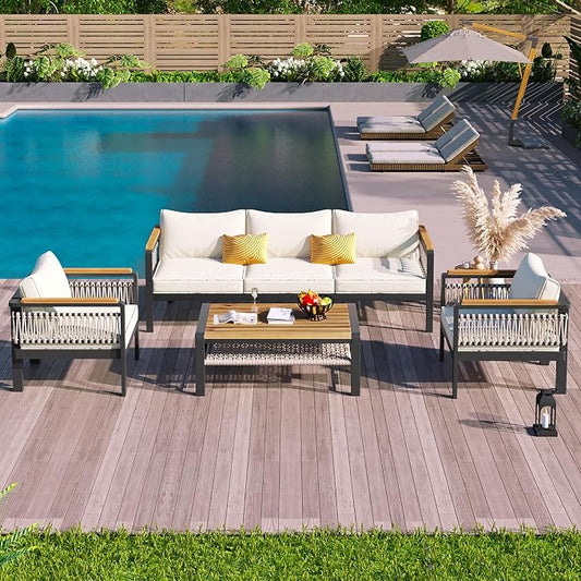 4 Pieces Outdoor Sectional Sofa Set 5-Person Patio Seating Group Outdoor Conversation Set with Cushions and a Coffee Table for Patios, Gardens,or Balcony (Beige#30)