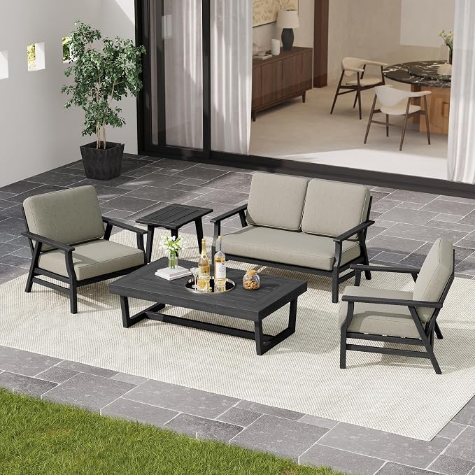 4 Pieces Patio Furniture Sets, Black Wood Outdoor Sectional Furniture with Coffee Table, 4 Seats Patio Sofa Couch Conversation Set for Backyard Deck - Light Camel
