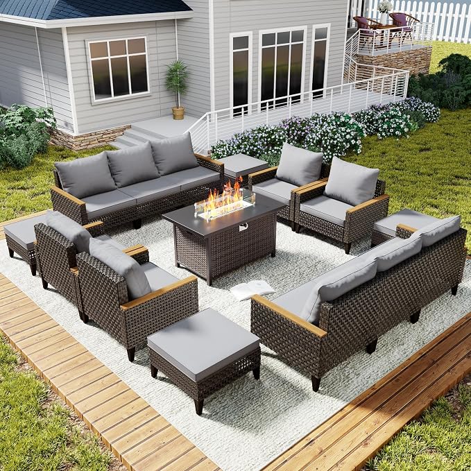 15 Piece Patio Sectional Sofa Set with 50000 BTU Fire Pit Table, All-Weather Wicker Rattan Outdoor Conversation Set, High Back, for Garden, Porch, Poolside, Gray